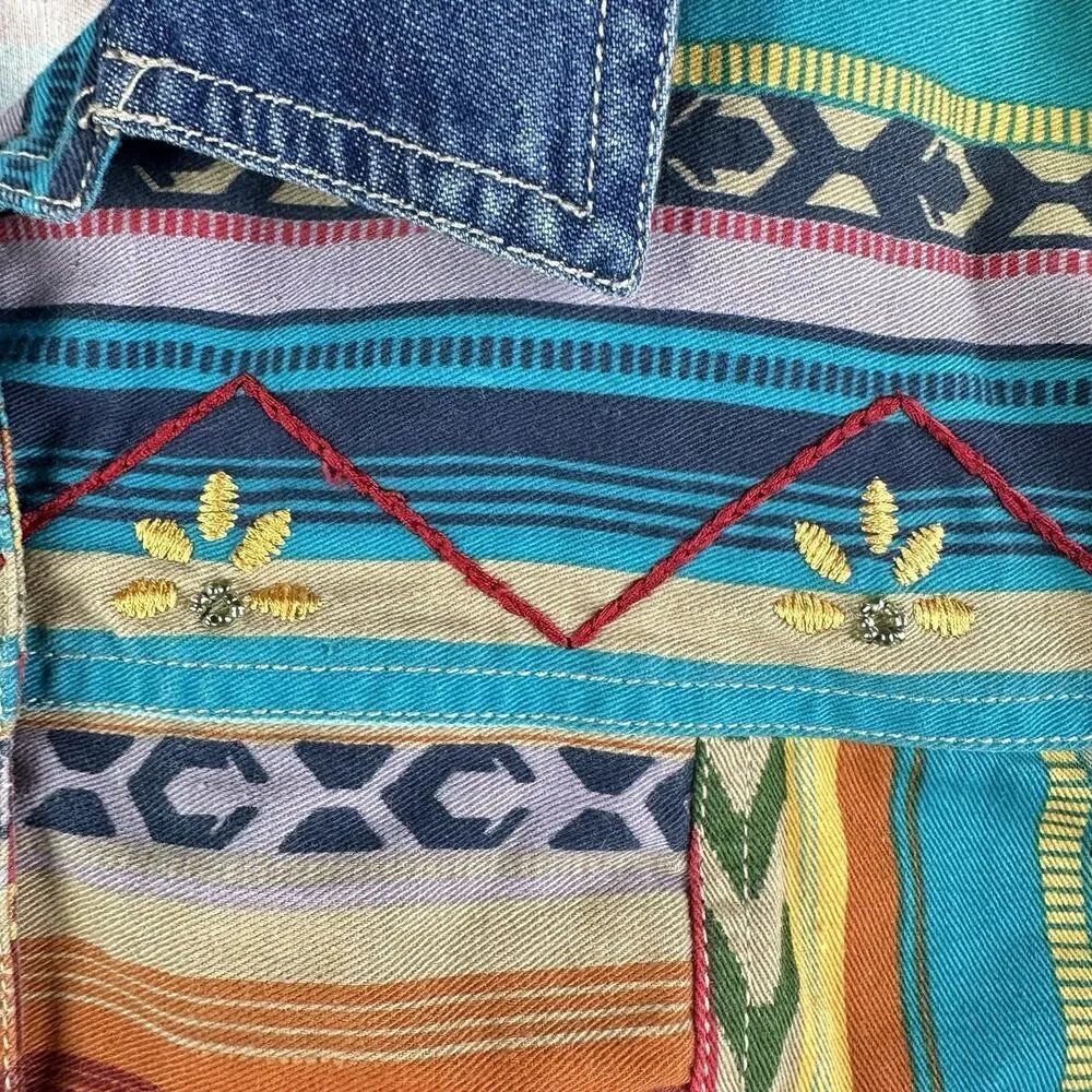 VTG Sun River Southwest Aztec Denim Vest Womens XL Western Beaded Cowboy Boho*